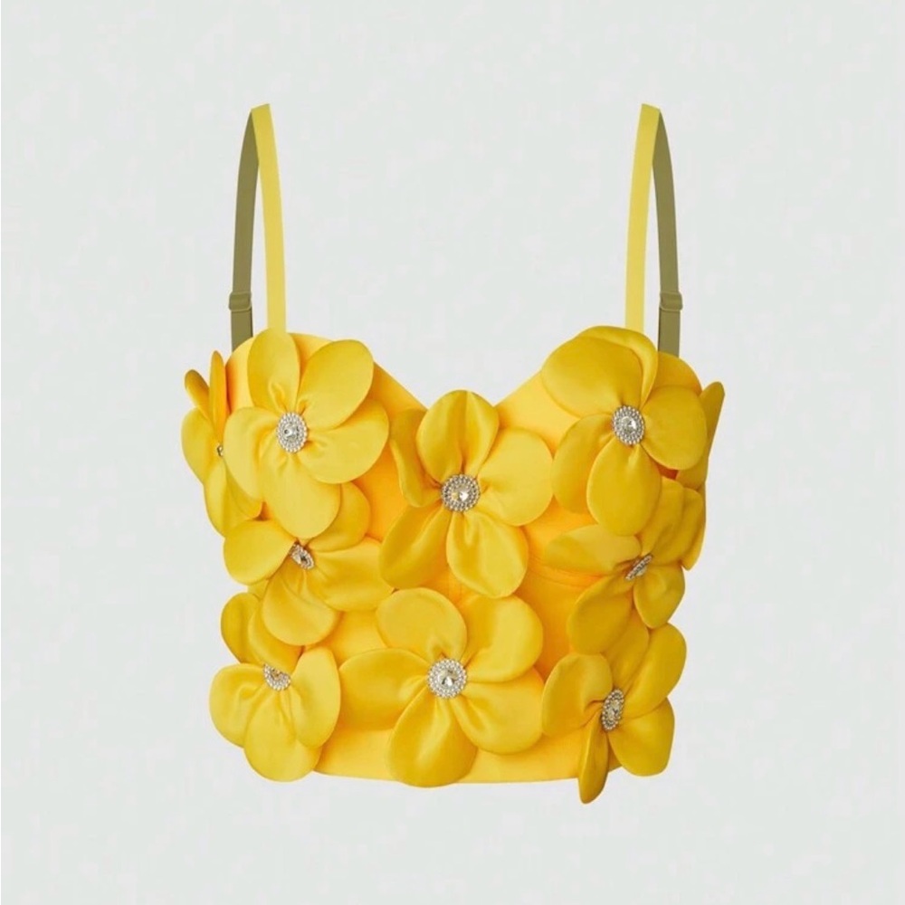 NWOT (Never Worn) Yellow Floral Appliqué Crop Bustier Top